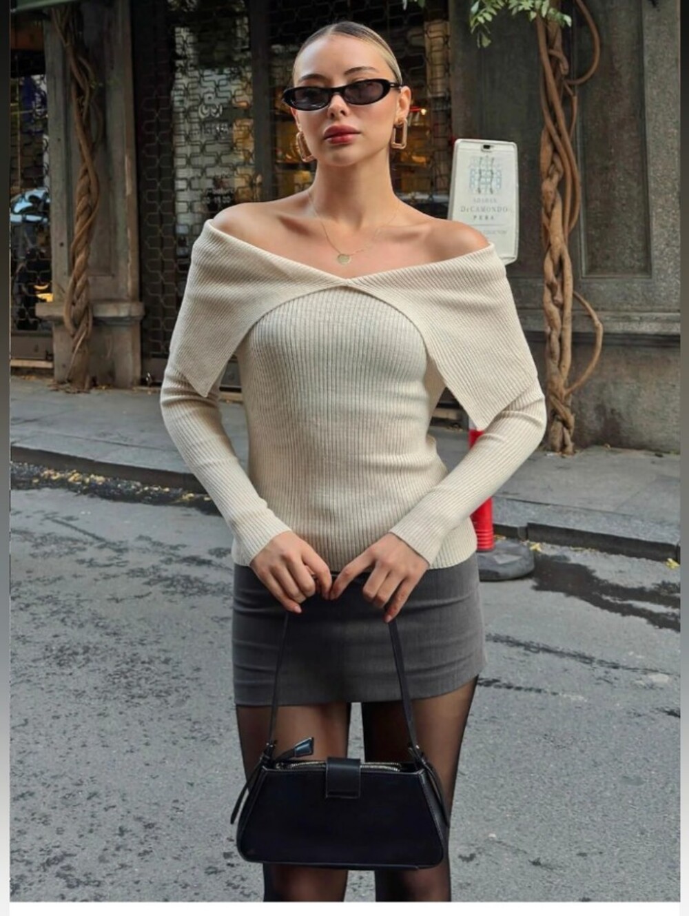 Dynamite Medium Off-Shoulder Ribbed Sweater Top - Cream - Picture 3 of 15